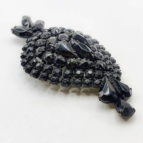 Large Vintage Leaf-shape Clustered Rhinestones Costume Brooch Pin Black - Picture 7 of 7